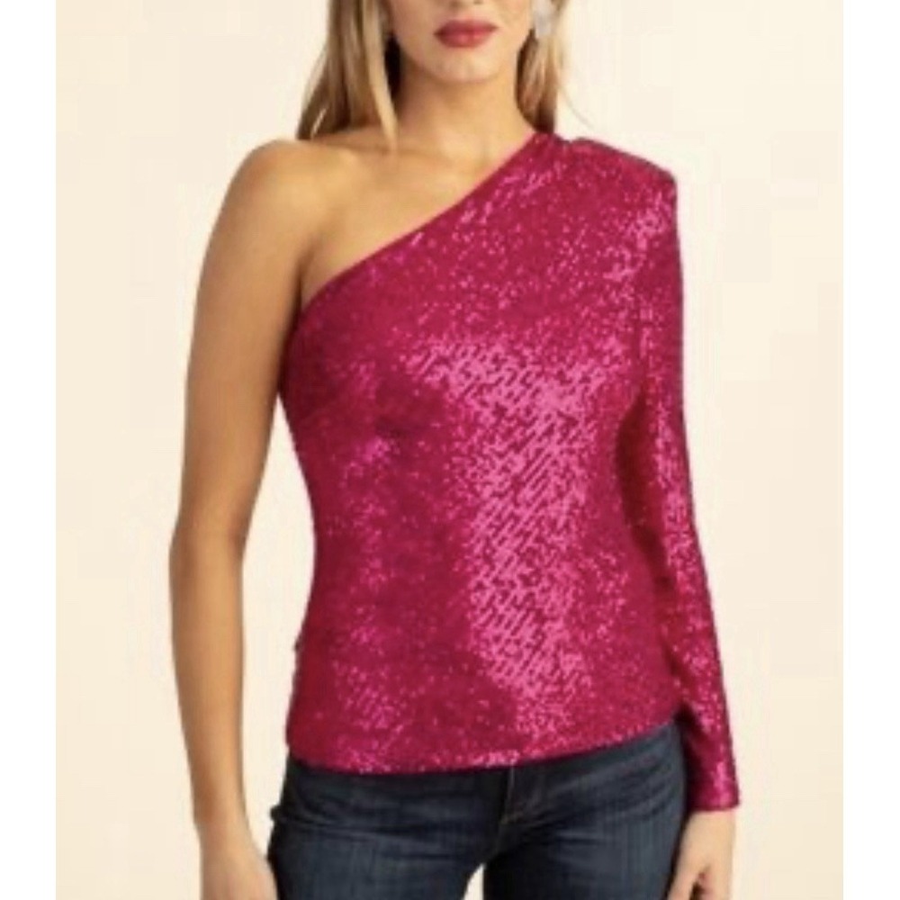 Trina Turk Top Sm‎ Over The Moon Sequined One-Sleeve Hot Pink Glam NEW 198$ U6